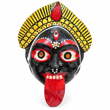 Kali Mask with black face, yellow patterned crown and red tongue on white background