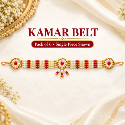 Kamar Belt / Moti Belt – White & Red Floral Beaded Waist Belt (Pack of 6) fancydresswale.com