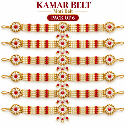 Kamar Belt / Moti Belt – White & Red Floral Beaded Waist Belt (Pack of 6) fancydresswale.com