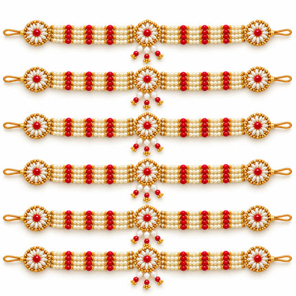Kamar Belt / Moti Belt – White & Red Floral Beaded Waist Belt (Pack of 6) fancydresswale.com
