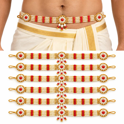 Kamar Belt / Moti Belt – White & Red Floral Beaded Waist Belt (Pack of 6) fancydresswale.com