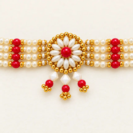 Kamar Belt / Moti Belt – White & Red Floral Beaded Waist Belt (Pack of 6) fancydresswale.com