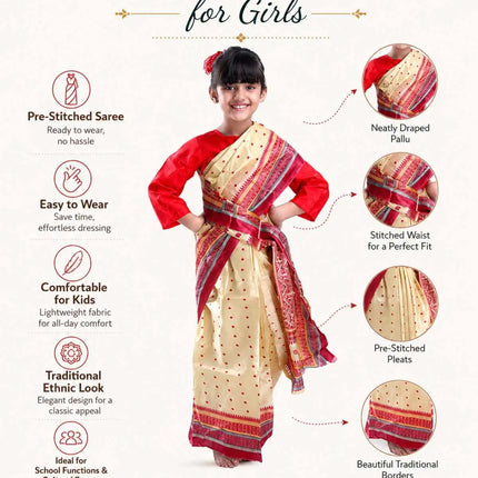 KidAssamese Saree Lightweight Bihu dress Dance Saree with Matching Blouse Ready-to-Wear Fancy Dress Fancydresswale