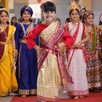 KidAssamese Saree Lightweight Bihu dress Dance Saree with Matching Blouse Ready-to-Wear Fancy Dress Fancydresswale