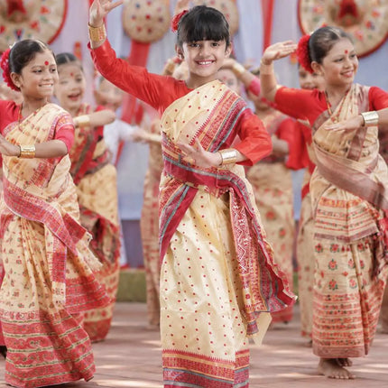 KidAssamese Saree Lightweight Bihu dress Dance Saree with Matching Blouse Ready-to-Wear Fancy Dress Fancydresswale