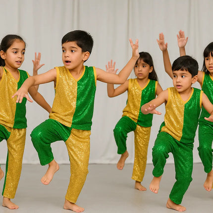 Kids Gold & Green Sequin Dance Costume for Annual Functions, Stage Shows & Fancy Dress – Unisex Fancydresswale.com