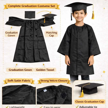 Kids Graduation Costume Set – Black Convocation Gown with Cap & Yellow Stole | School Graduation Dress for Boys & Girls | Fancy Dress Costume (3-8 Years) Fancydresswale
