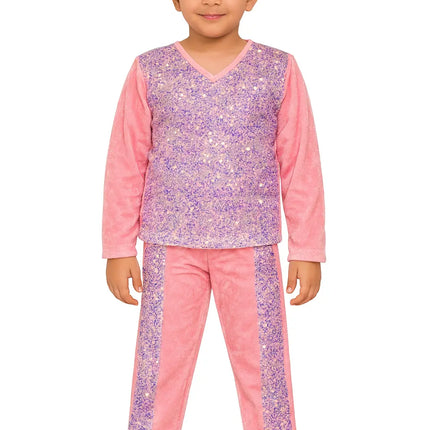 Kids Pink Sequin Dance Costume – Full Sleeve Top & Pants Set Fancydresswale.com