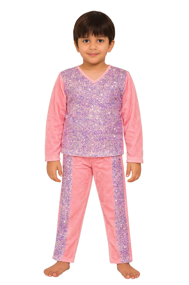 Kids Pink Sequin Dance Costume – Full Sleeve Top & Pants Set Fancydresswale.com