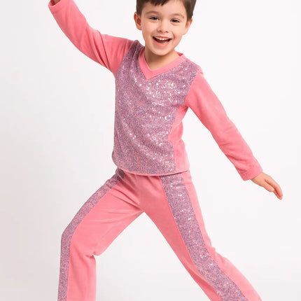 Kids Pink Sequin Dance Costume – Full Sleeve Top & Pants Set Fancydresswale.com
