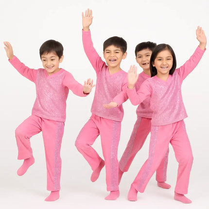 Kids Pink Sequin Dance Costume – Full Sleeve Top & Pants Set Fancydresswale.com