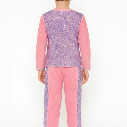 Kids Pink Sequin Dance Costume – Full Sleeve Top & Pants Set Fancydresswale.com