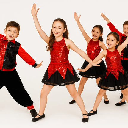 Kids Red & Black Sequin Dance Costume – School Function & Stage Performance Dress Fancydresswale.com