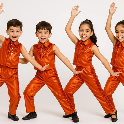 Kids Shiny Orange Dance Costume – Sequins Stage Performance Dress for Boys (Top & Pants Set) Fancydresswale.com