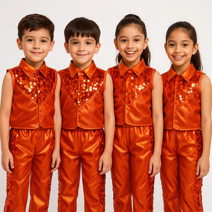 Kids Shiny Orange Dance Costume – Sequins Stage Performance Dress for Boys (Top & Pants Set) Fancydresswale.com