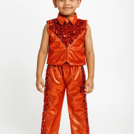 Kids Shiny Orange Dance Costume – Sequins Stage Performance Dress for Boys (Top & Pants Set) Fancydresswale.com