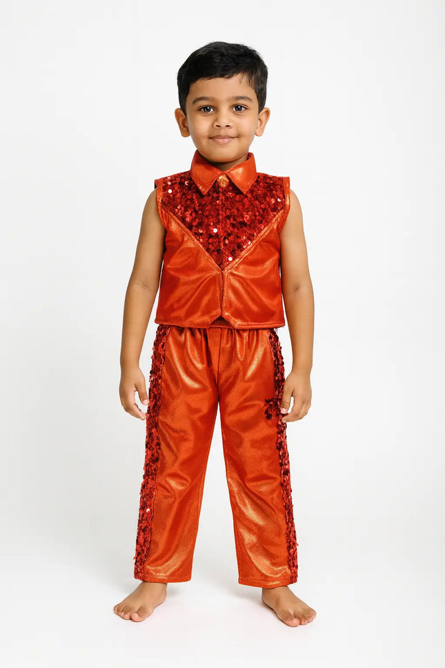 Kids Shiny Orange Dance Costume – Sequins Stage Performance Dress for Boys (Top & Pants Set) Fancydresswale.com