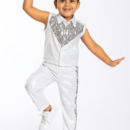 Kids Silver Sequin Dance Costume for Boys – Shiny Stage Performance Outfit with Cut Sleeves & Matching Pants – School Annual Function / Dance Dress Fancydresswale.com