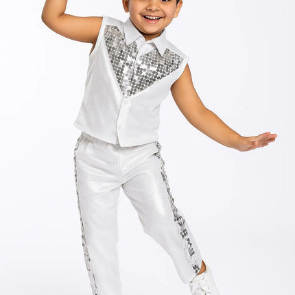 Kids Silver Sequin Dance Costume for Boys – Shiny Stage Performance Outfit with Cut Sleeves & Matching Pants – School Annual Function / Dance Dress Fancydresswale.com