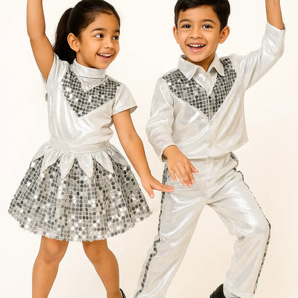 Kids Silver Sequin Dance Costume for Boys – Shiny Stage Performance Outfit with Cut Sleeves & Matching Pants – School Annual Function / Dance Dress Fancydresswale.com