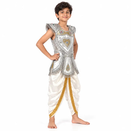 Boy wearing kavach and white dhoti, right angled view