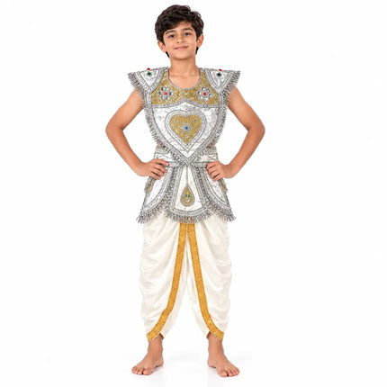Boy aged 8 to 12 wearing kavach and dhoti costume
