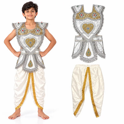 Boy wearing the kavach and dhoti two-piece fancy dress set