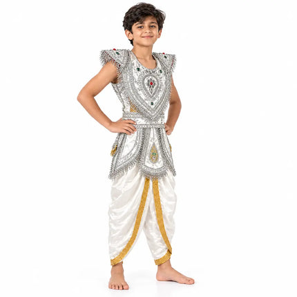 Boy wearing kavach and white dhoti, left angled view