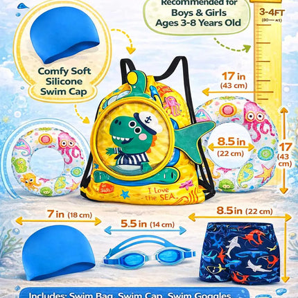 Kids Swimming Kit Set (3–8 Years) – Swim Bag with Cap, Goggles, Shorts & Inflatable Ring – Beach & Pool Combo Pack fancydresswale.com