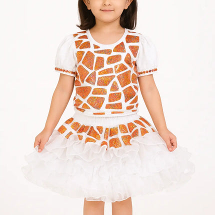 Kids White & Orange Glitter Sequin Dance Costume with Puffy Sleeves & Layered Skirt – Fancy Dress for Girls Fancydresswale.com