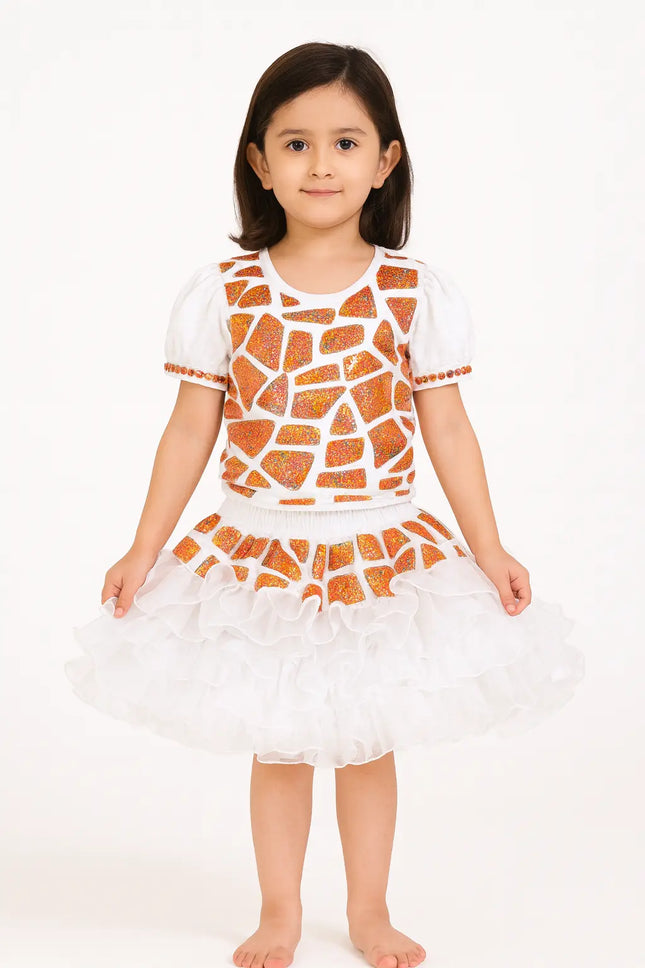 Kids White & Orange Glitter Sequin Dance Costume with Puffy Sleeves & Layered Skirt – Fancy Dress for Girls Fancydresswale.com