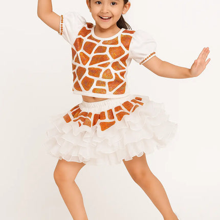 Kids White & Orange Glitter Sequin Dance Costume with Puffy Sleeves & Layered Skirt – Fancy Dress for Girls Fancydresswale.com