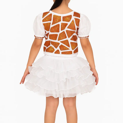 Kids White & Orange Glitter Sequin Dance Costume with Puffy Sleeves & Layered Skirt – Fancy Dress for Girls Fancydresswale.com