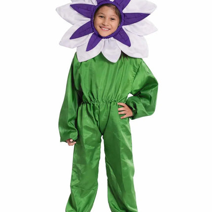 Kids White & Purple Flower Fancy Dress Costume | Flower Head Cutout with Green Jumpsuit for School Functions & Fancy Dress Competitions (Ages 2–10) fancydresswale.com