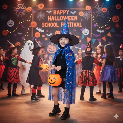 Kids Witch & Wizard Costume Set with Hat and Cape | Halloween Fancy Dress Cloak for Boys & Girls by FancyDressWale fancydresswale.com