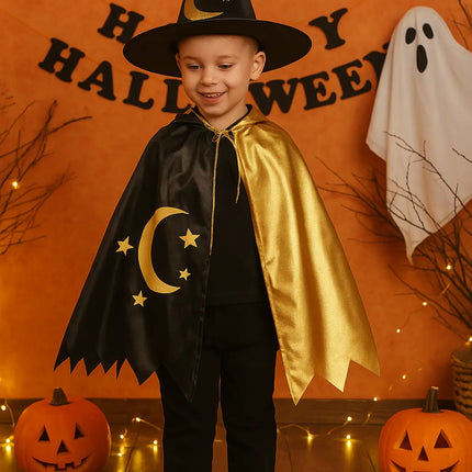 Kids Wizard Costume with Hat & Cloak – Black & Gold Halloween Outfit (3–12 Years) fancydresswale.com