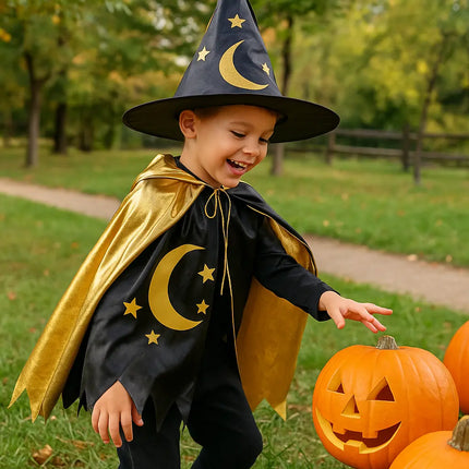 Kids Wizard Costume with Hat & Cloak – Black & Gold Halloween Outfit (3–12 Years) fancydresswale.com