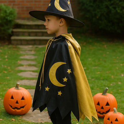Kids Wizard Costume with Hat & Cloak – Black & Gold Halloween Outfit (3–12 Years) fancydresswale.com