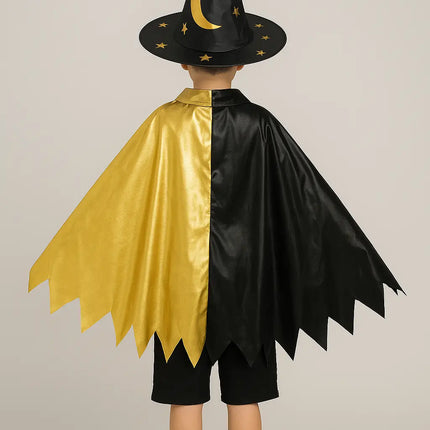 Kids Wizard Costume with Hat & Cloak – Black & Gold Halloween Outfit (3–12 Years) fancydresswale.com