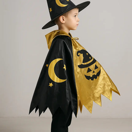 Kids Wizard Costume with Hat & Cloak – Black & Gold Halloween Outfit (3–12 Years) fancydresswale.com