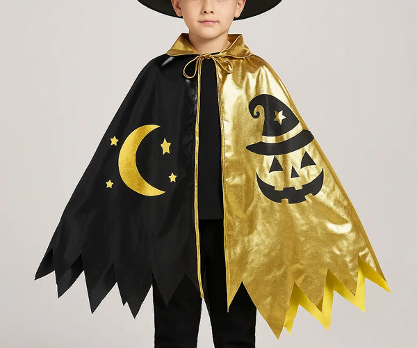 Kids Wizard Costume with Hat & Cloak  Black & Gold Halloween Outfit   fancydresswale.com