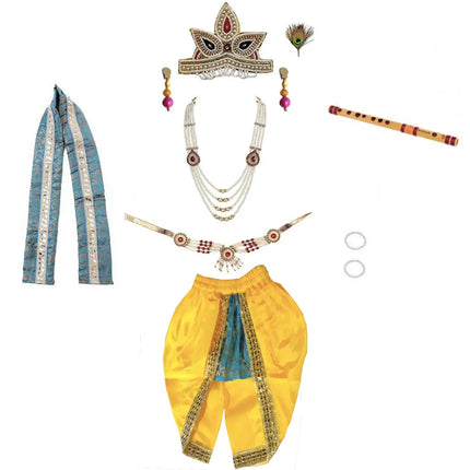 Krishna Baby Dress Set with Patka, Bajuband, Kundal, Bansuri, Morepankh Kardhani | Navy Blue fancydresswale.com