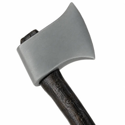 Close-up of plain gray axe head and woodgrain-style black handle