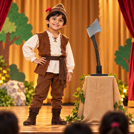 Storybook woodcutter costume with Kulhadi shown on a separate display stand