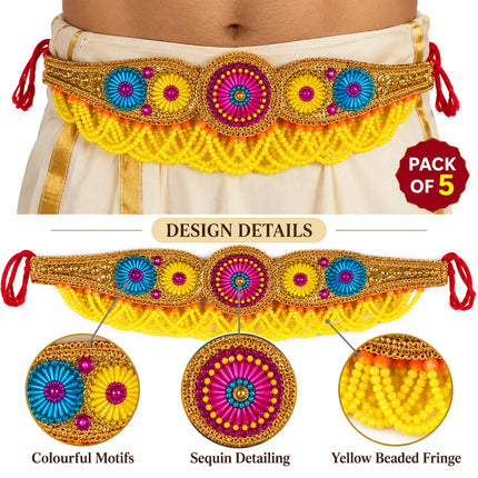 Multi Moti Belt – Colourful Rosette Kamar Belt with Yellow Bead Fringe fancydresswale.com