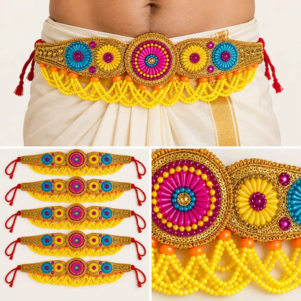 Multi Moti Belt – Colourful Rosette Kamar Belt with Yellow Bead Fringe fancydresswale.com