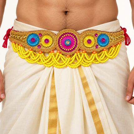 Multi Moti Belt – Colourful Rosette Kamar Belt with Yellow Bead Fringe fancydresswale.com