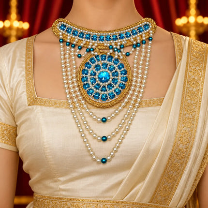 Neckpiece / Elfy – Turquoise Medallion & White Bead Costume Necklace (Pack of 2) fancydresswale.com