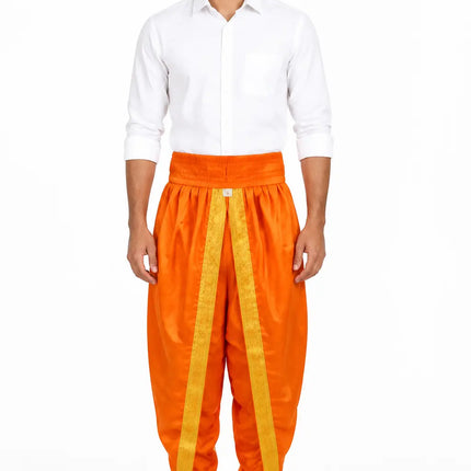 AI-generated adult model wearing orange dhoti; dhoti only, shirt not included