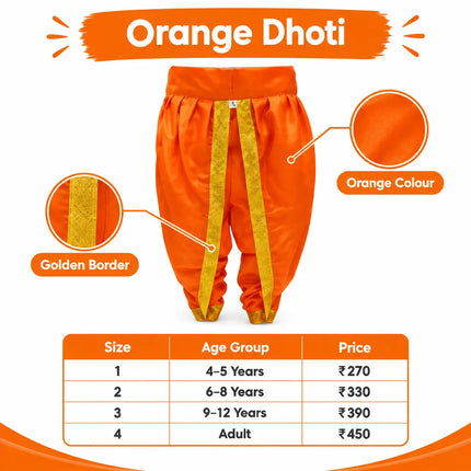 Orange dhoti infographic with size-wise selling prices